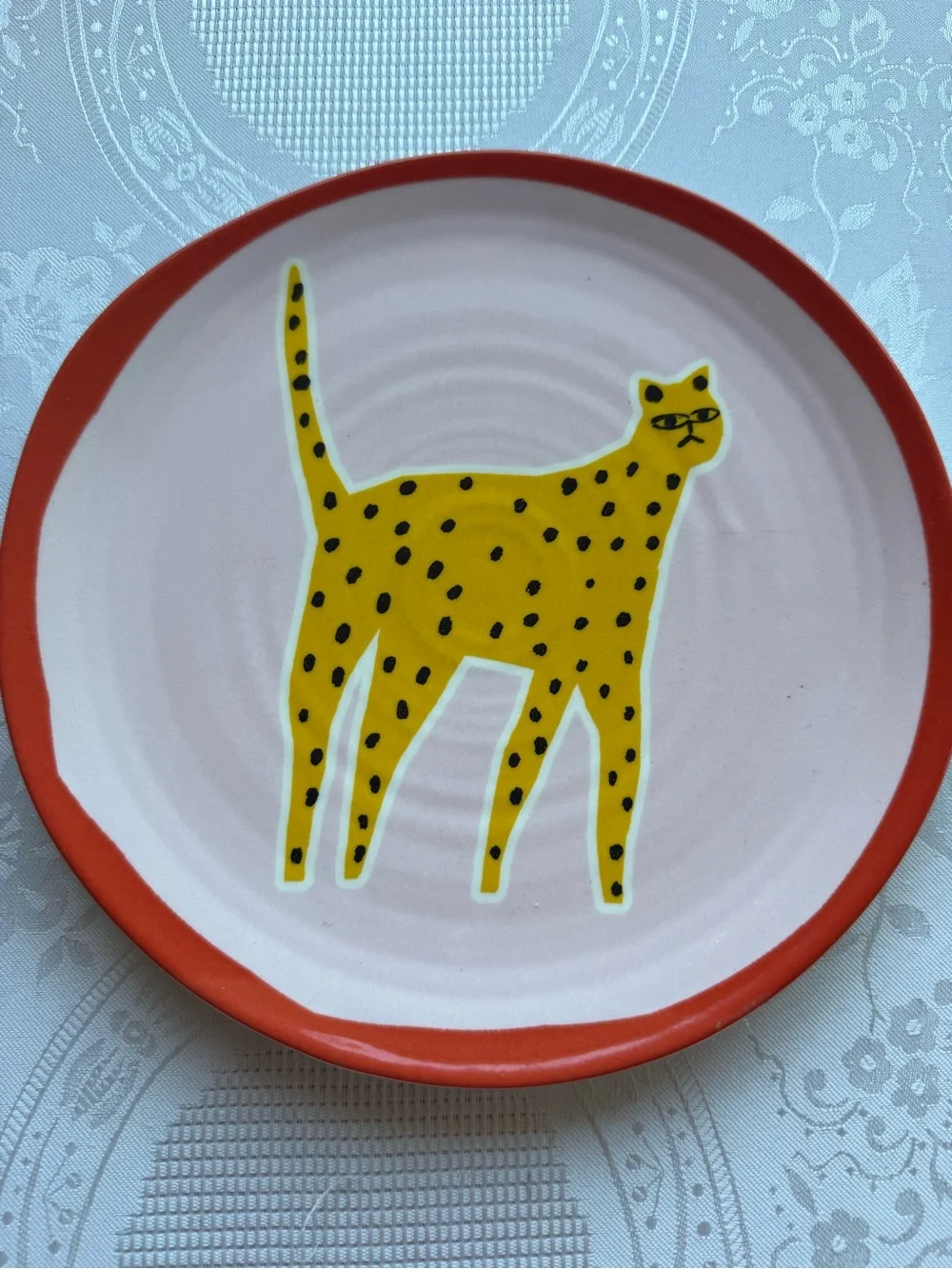 Anthropologie Marcello Velho Folksong Dessert Plate Cat Motif Pink/Orange Folk